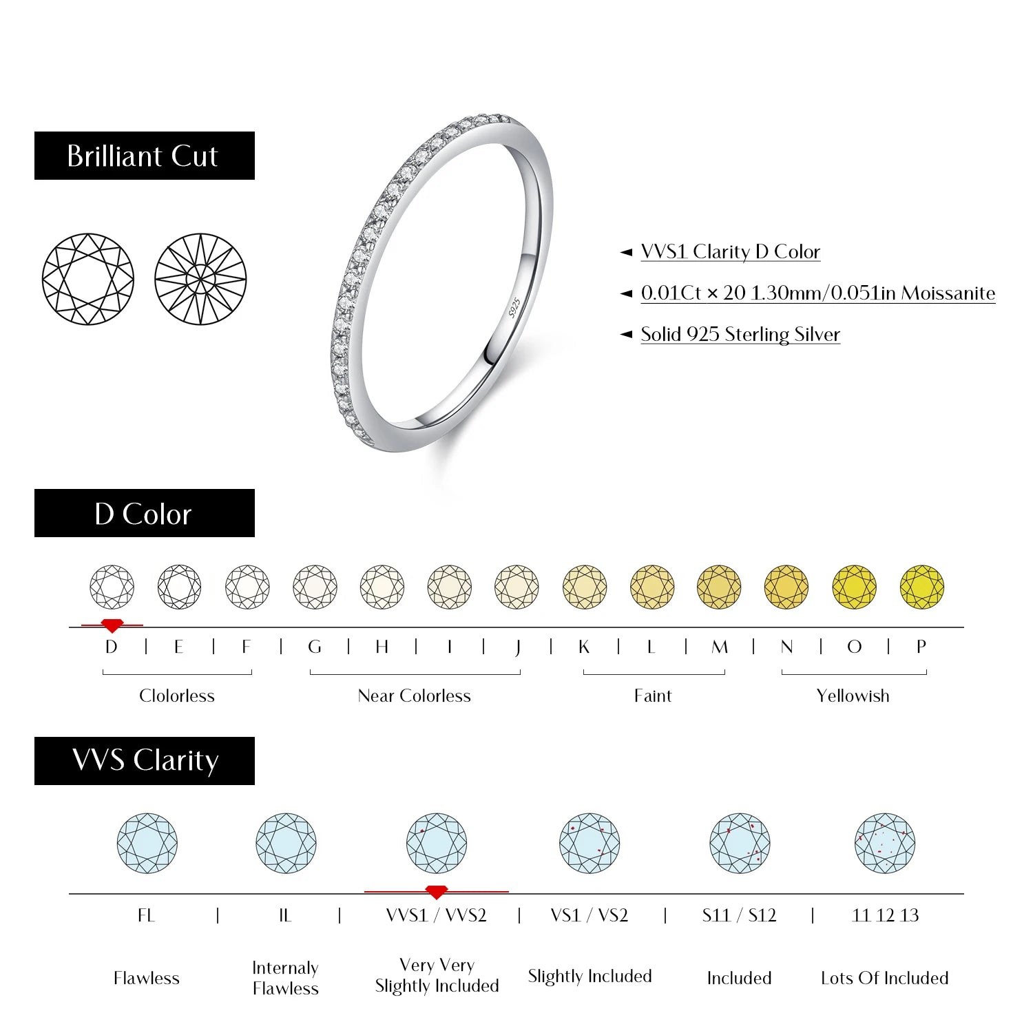 Simple Eternity Moissanite  925 Sterling Silver Sparkling Simple Thin Wedding Band Rings