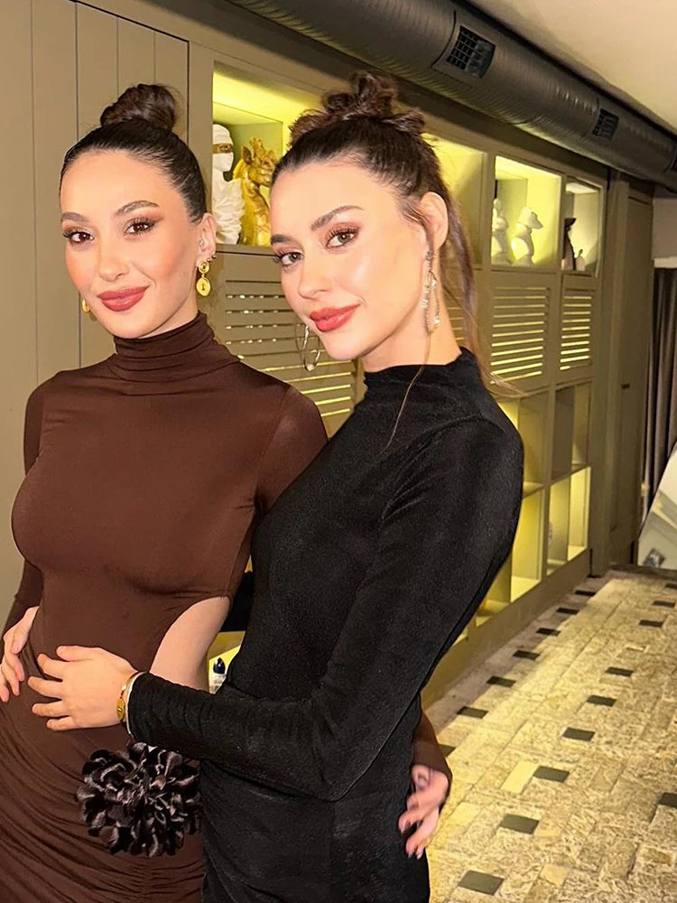 Turtleneck Long Sleeve Solid Hollow Out Thigh High Split Bodycon Sexy Maxi Dress