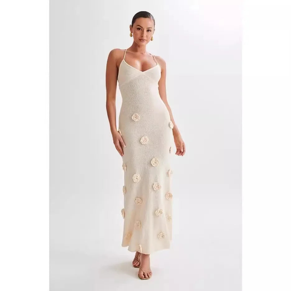 Women's Elegant Knitted Floral Camisole Long Dress Backless Slim Fit Retro Women's Fashion Dress Vacation Casual Chic Beach Look