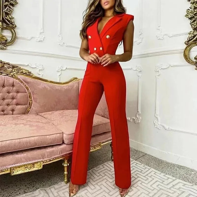 Sleeveless  Fashion Houndstooth Print Deep V-Neck Button Straight Jumpsuit