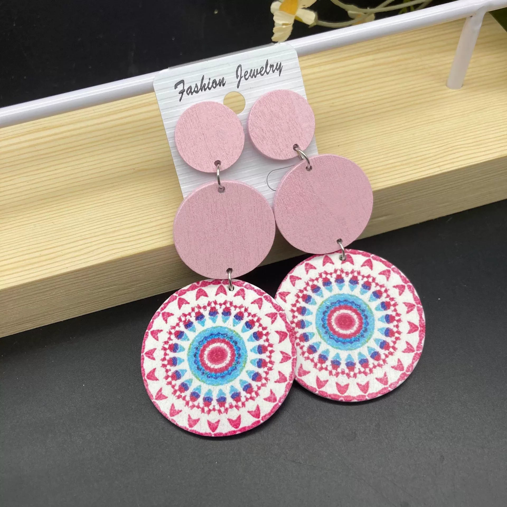 New Ethnic Retro Circular Printed Wooden Earrings – Long Bohemian Colorful Statement Jewelry