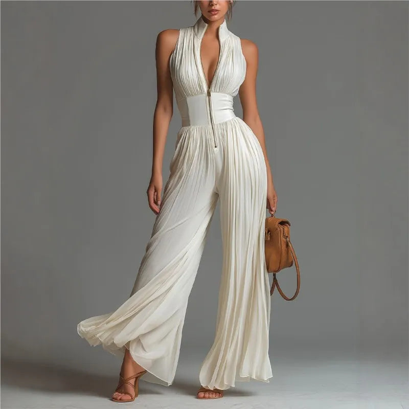 Fashion Sexy Deep V Neck Zip Jumpsuit