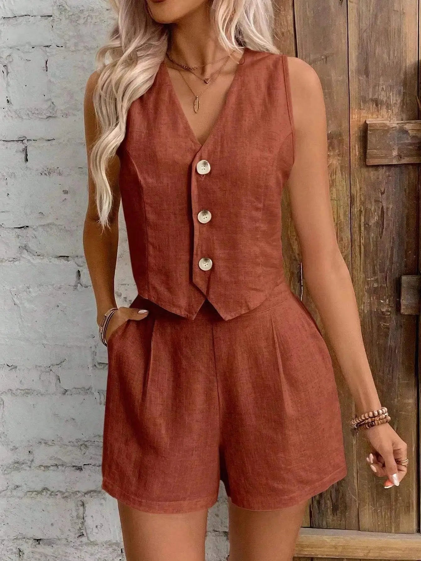 Solid Casual  Sexy V-neck Sleeveless Vest Tops and Shorts Suit