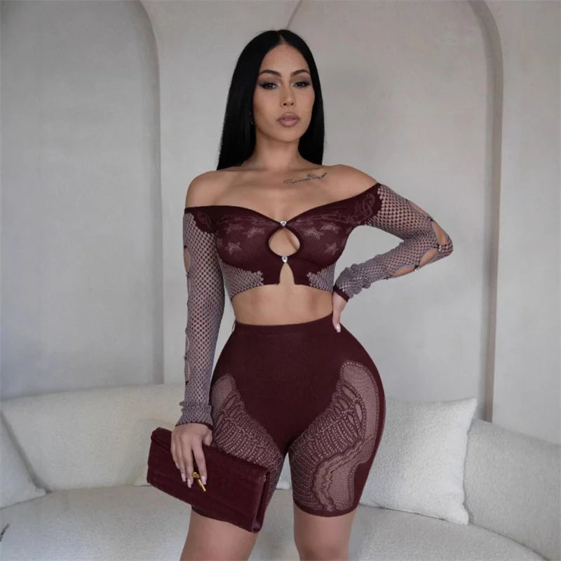 Long Sleeve Hollow Out Crop Top and Shorts Matching Sets