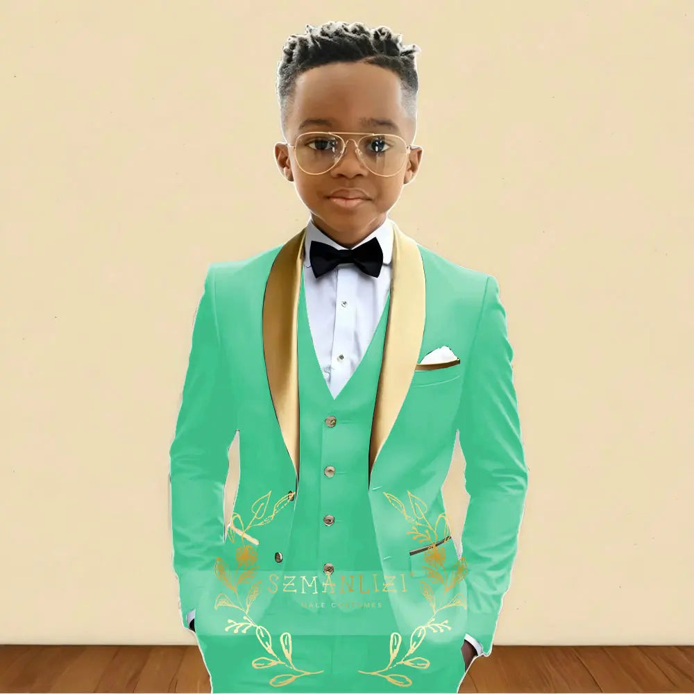 3‑Piece Boys Wedding Suit with Gold Shawl Lapel (2–16 Years)