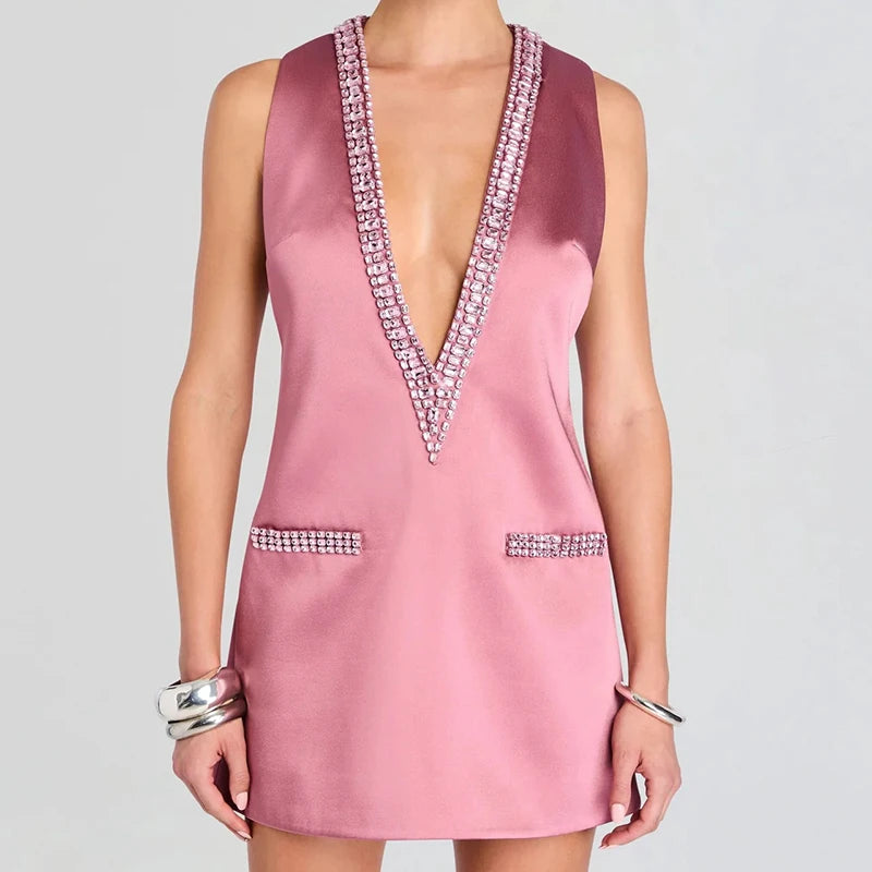 New Women Summer Deep V Neck Sequins Patchwork Mini Dress