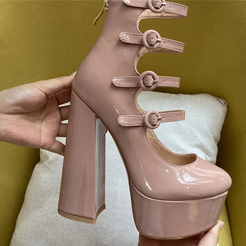 Women Platform Round Toe Chunky Square Heels Ankle Wrap Sandals