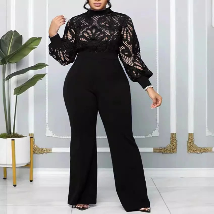 Plus Size Mesh Lace Casual Jumpsuit