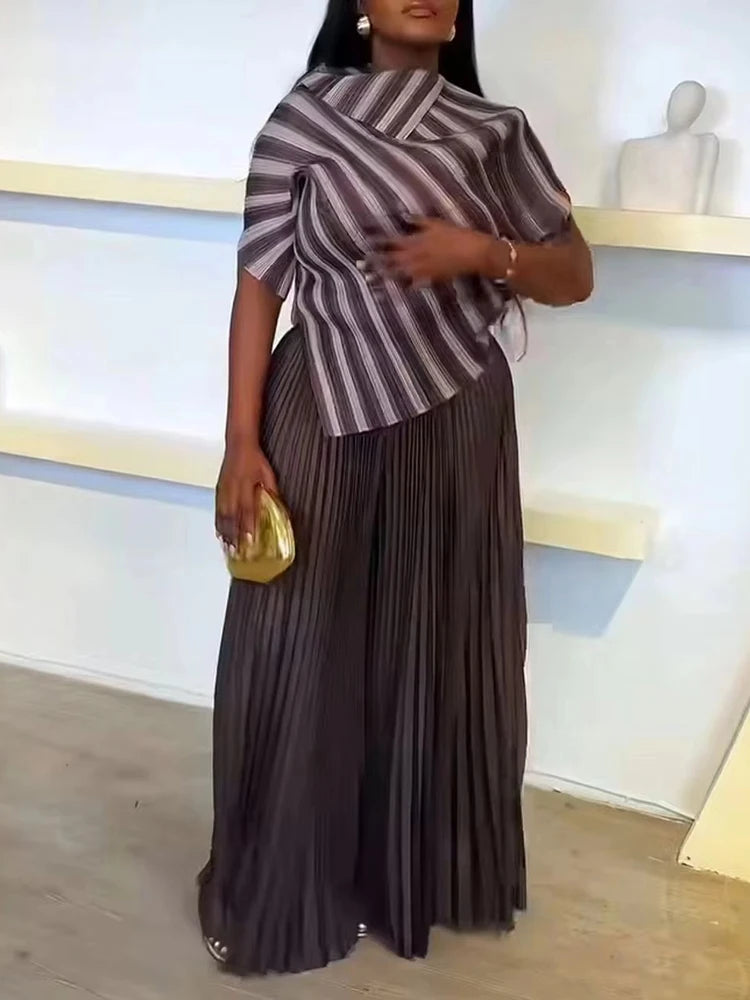 Striped Pleated Contrast Color Irregular Belt Tops + Long Pants