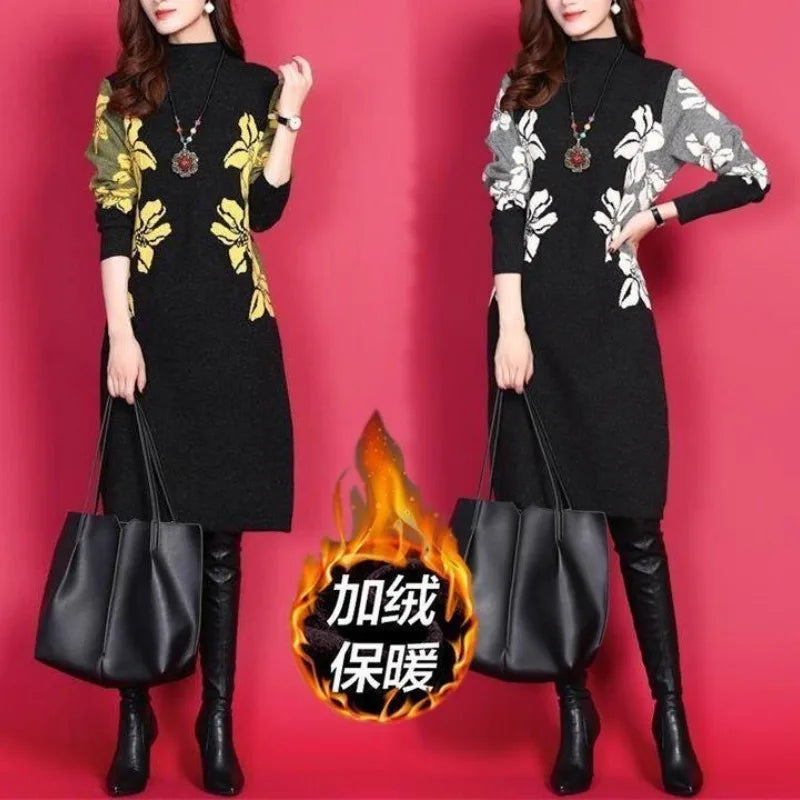 Autumn and Winter  Round Neck Long Sleeve Slim Pullover Plus Size Midi Underlay Printing Dress