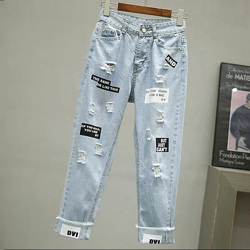 Women’s Elegant V‑Neck Chiffon Top & Korean Ripped Jeans Set