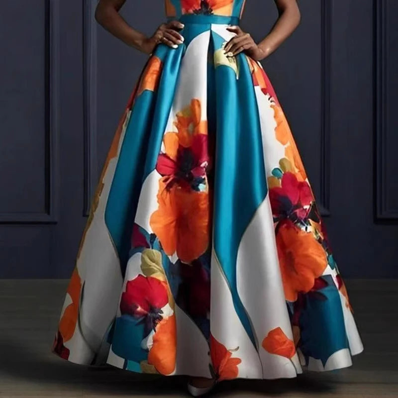 Sexy Sleeveless Flower Print High Waist Long Dress