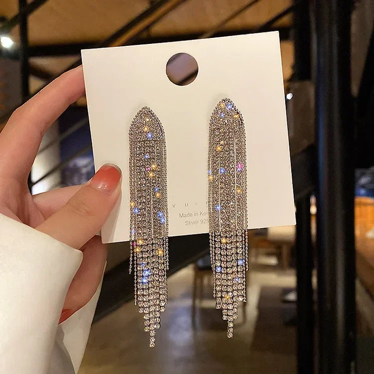 Square Blue Zircon Long Tassel Stud Earrings – Elegant Sparkle for Every Special Moment