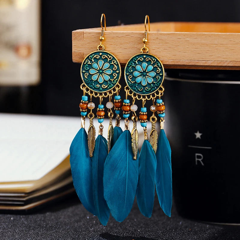 Boho Long Feather Dangle Earrings – Handmade Tassel & Enamel Flower Statement Jewelry for Women