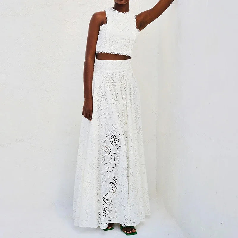Slim Lace  O Neck Sleeveless Vest Top+Long Skirt Set