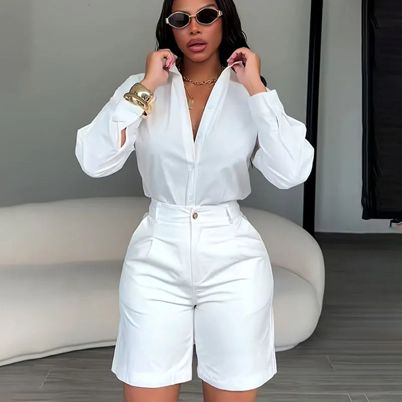Solid Elegant Two‑Piece Set – Long Sleeve Shirt & Shorts Matching Outfit