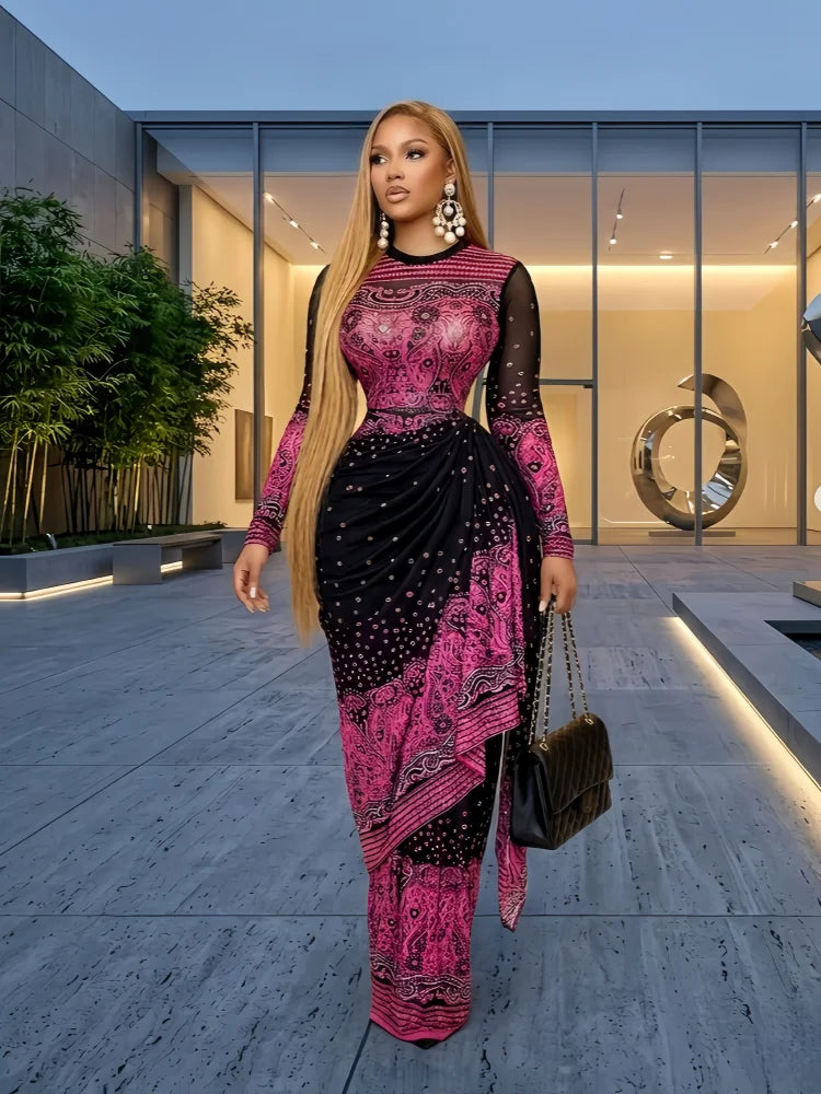 Tie Dye Stacked Ruched Long Sleeve Bodycon Dress