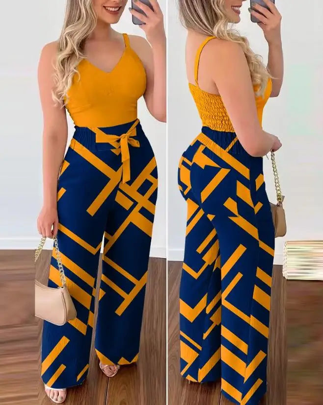 Casual Summer Two-Piece Solid Color V-Neck Elastic Vest Top and High Waisted Pocket Tied Wide Leg Commuting Pants Set