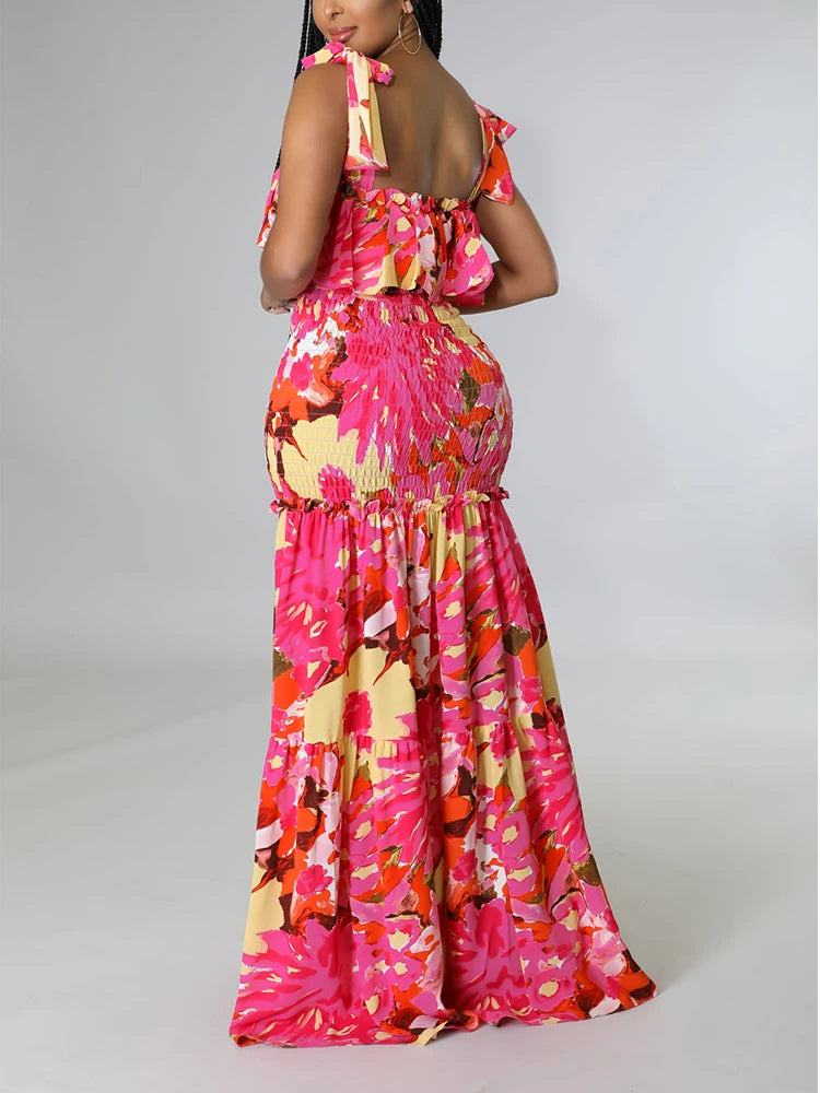 Spaghetti Strap Frilled Floral Printed Maxi Dress