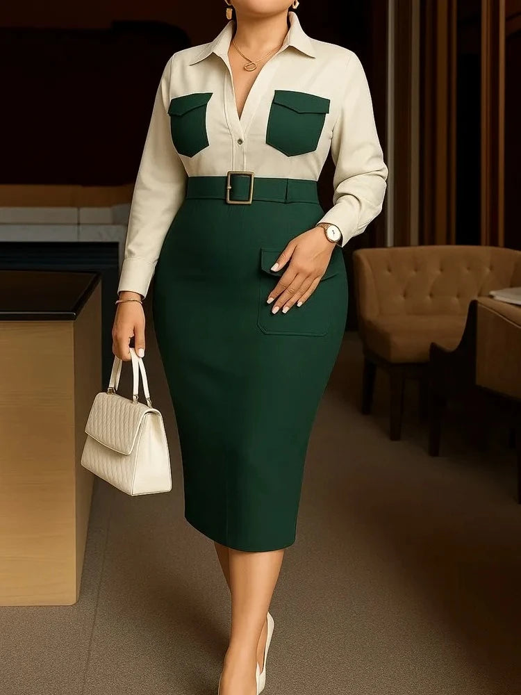 Long Sleeves Turn Down Collar Color Block Patchwork Dress