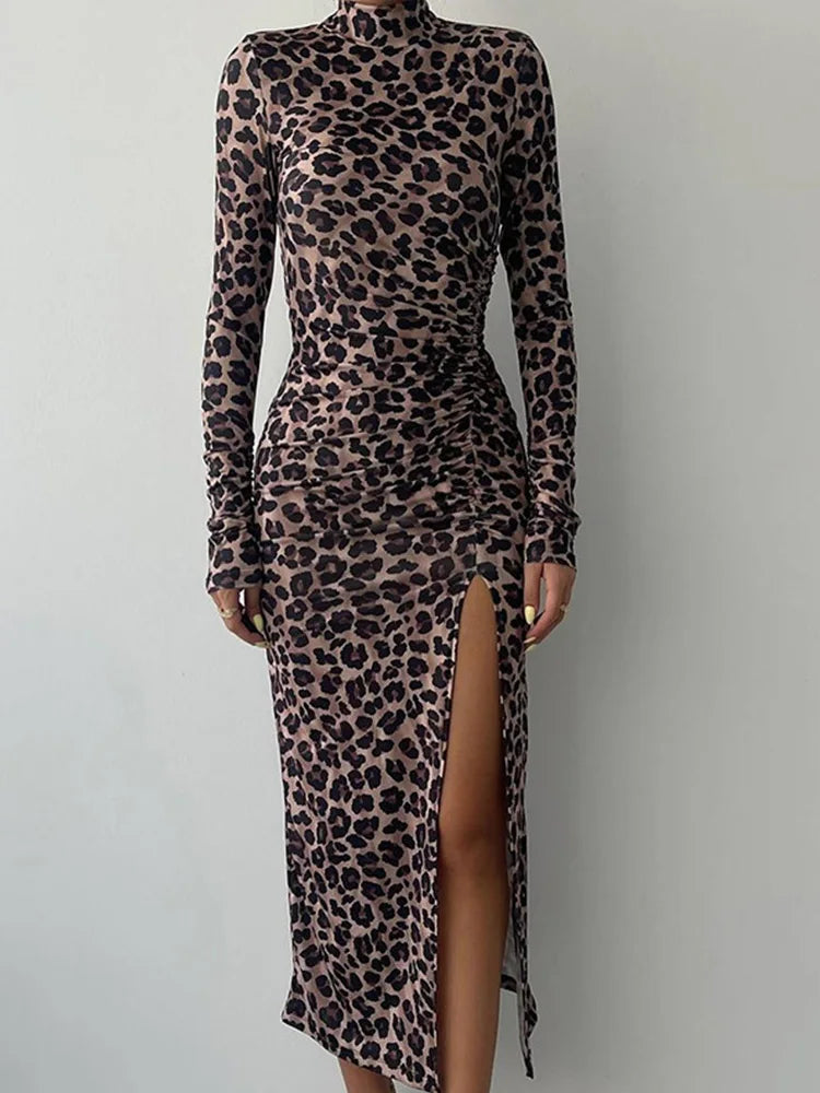 Half High Collar Leopard Print Sheath Dress