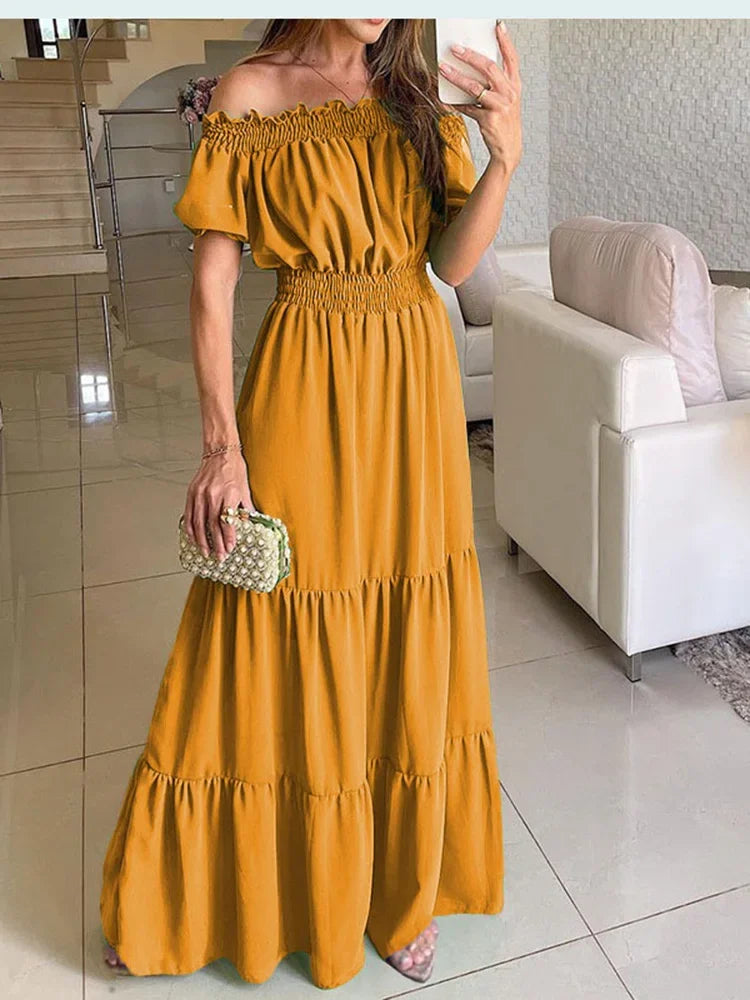 Women Dress Summer Fashion Green Boho Sexy Slash Neck Maxi Dress Elegant Casual Holiday Beach Party Dresses For Woman Robe Femme