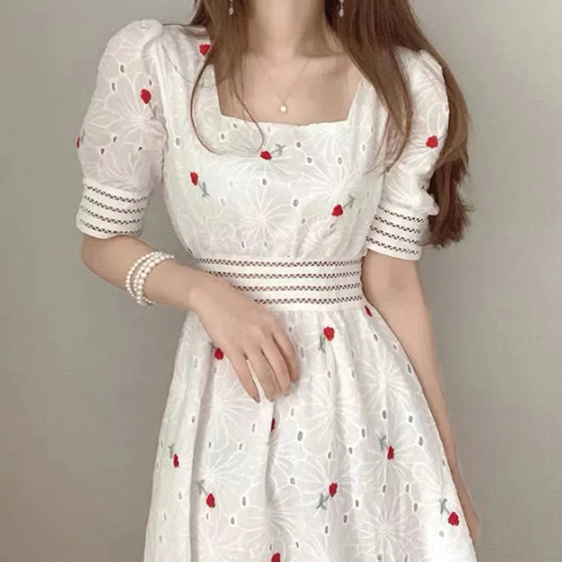 Embroidery Square Neck Hollow A-line Dress