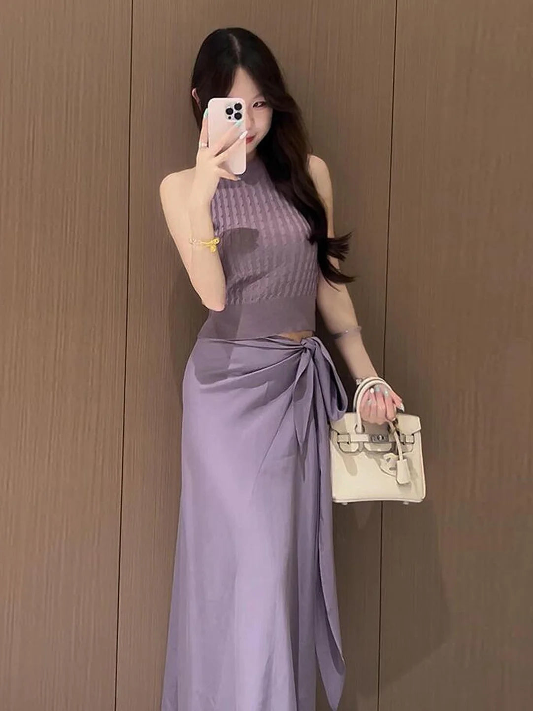 Fashionable Purple Sleeveless Knitted Vest Top with Belt High Waist Skirt Set