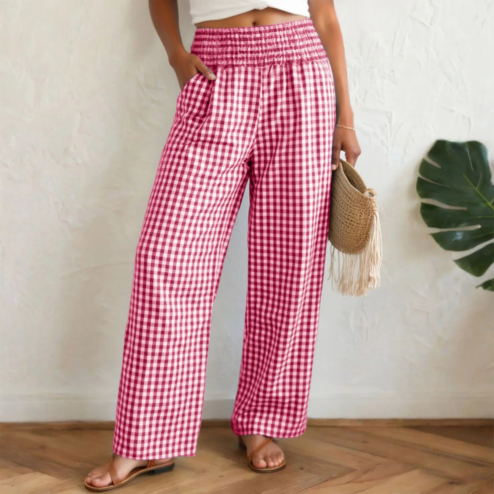 Casual Plaid Comfortable  With Pockets Elastic Waist Wide Leg Casual Pant