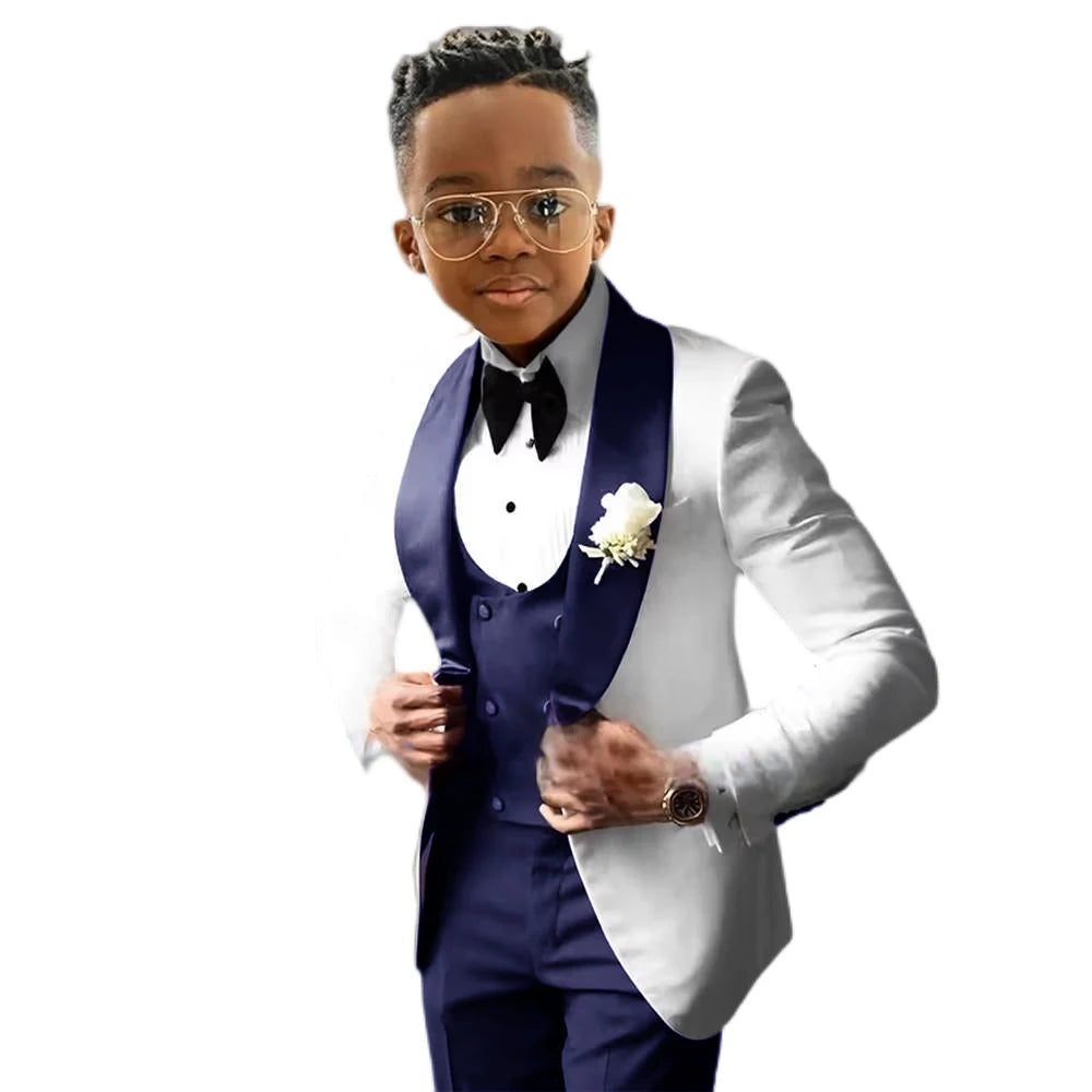 Suit for Boys Wedding Tuxedo – 3 Piece White Jacket, Royal Blue Pants &amp; Vest | Slim Fit Tailored Kids Blazer Set