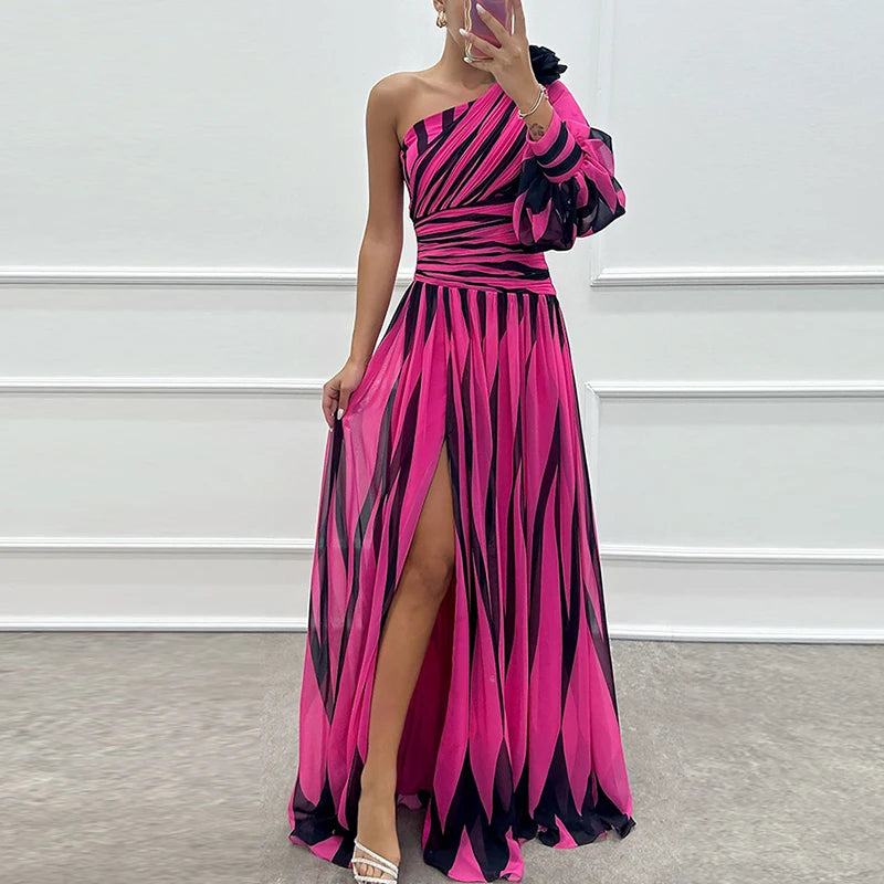 Sexy Spilt Waist Chiffon Stripe Print Asymmetric Long Dress