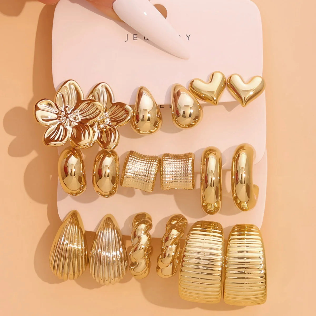 9-Pair Golden Resin Earrings Set – Starfish, Seashell &amp; Textured C-Shape Collection