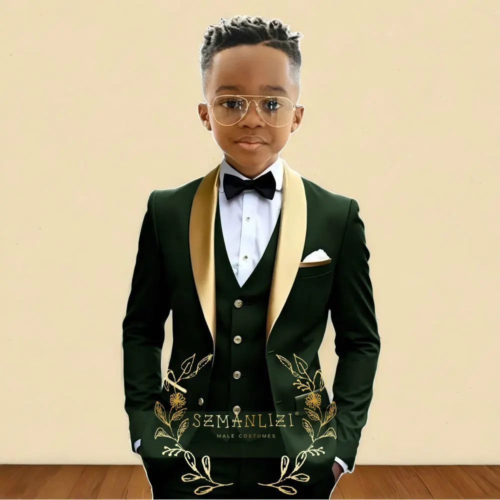 3‑Piece Boys Wedding Suit with Gold Shawl Lapel (2–16 Years)