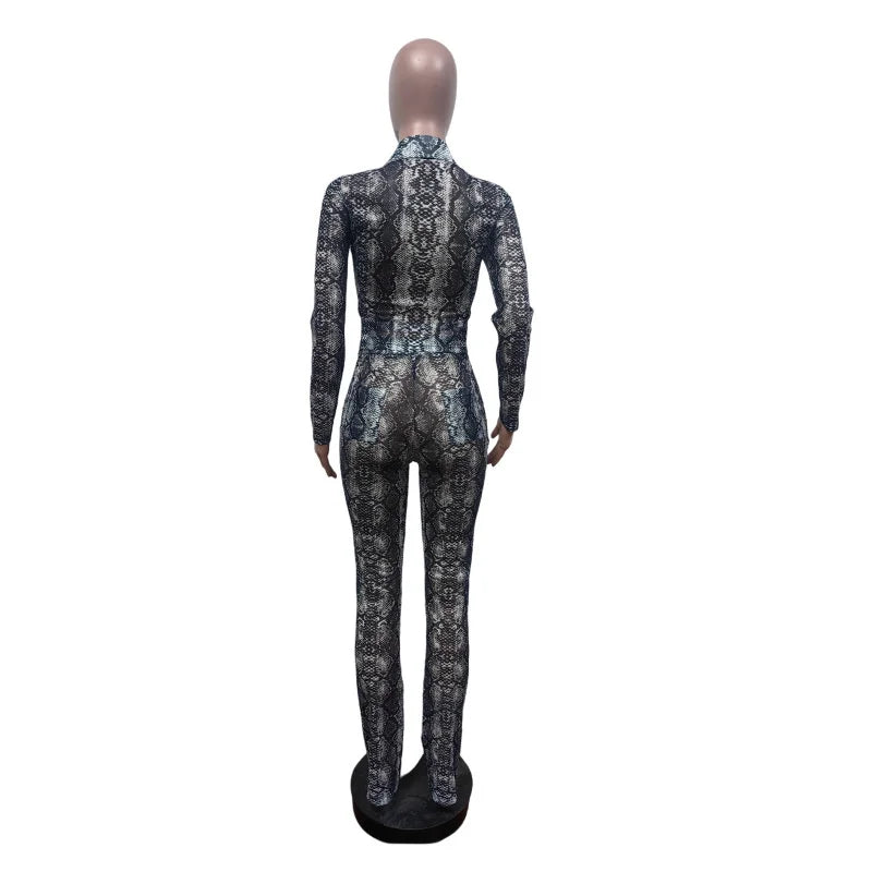 Snakeskin Print Club Wear Mesh Sheer Long Sleeve Double Zipper Top and Flare Pants
