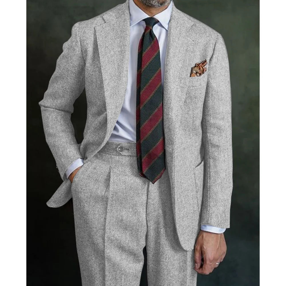 Classic Men’s Three‑Piece Herringbone Suit Set – Blazer, Vest &amp; Pants in Coarse Wool Blend