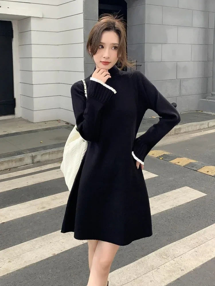 Spring Autumn 2025 Pleated  Extreme Mini Black Short  Knit Dress