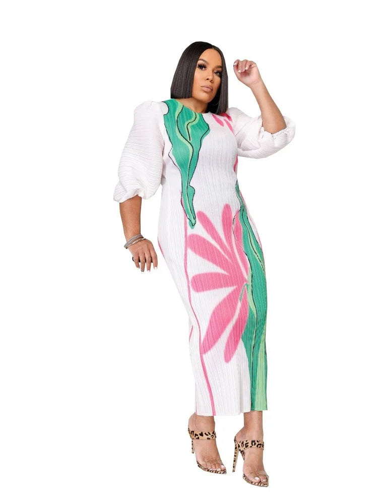 High Grade Lantern Sleeve Pleated Flower Print Round Neck Maxi Dress