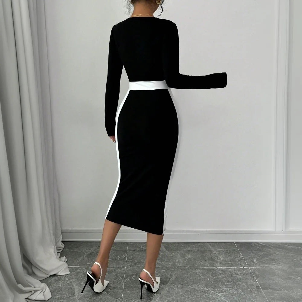 Autumn Winter Square Neck High Waist Long Knitted Dress