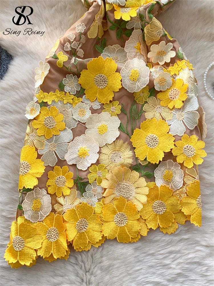 Sleeveless Zipper Design 3D Embroidery Floral Irregular Strapless Dress