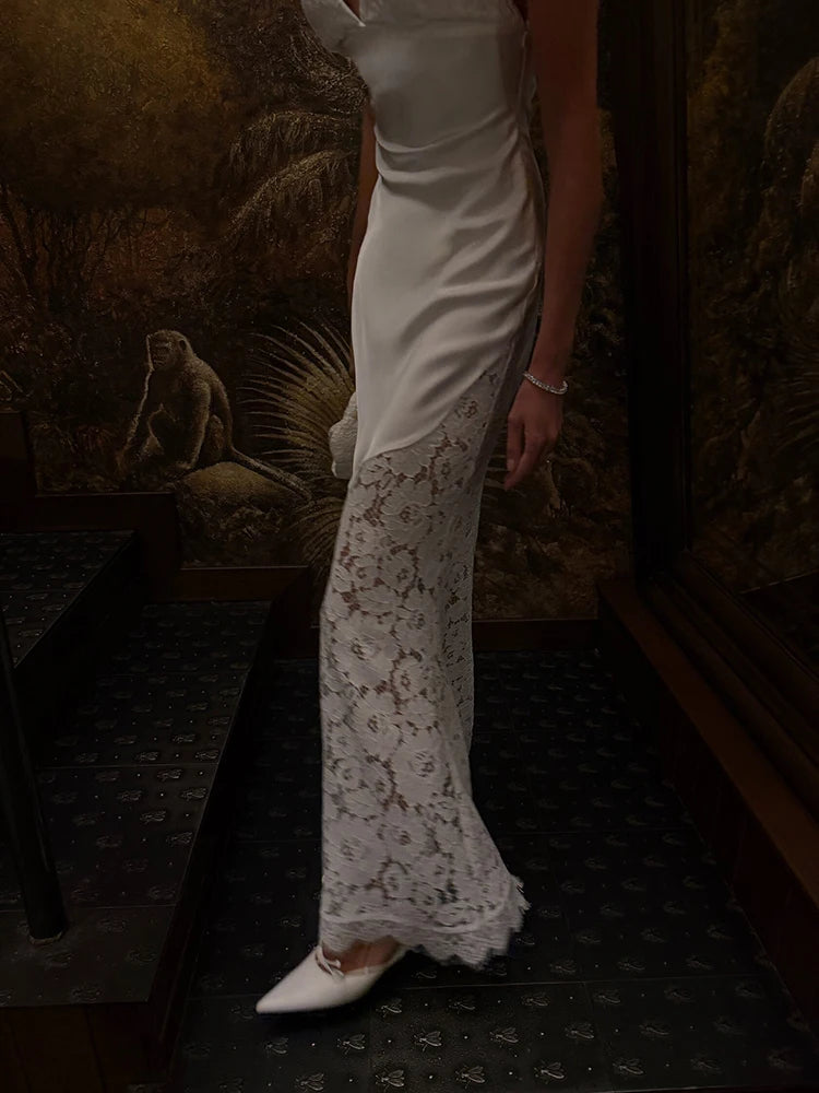 Sexy Satin Lace Patchwork Long Dress