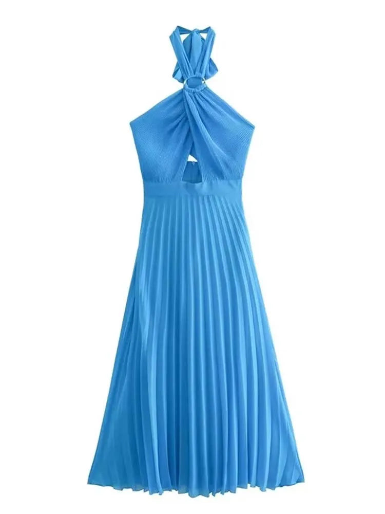 Women Autumn Elegant  Pleated  Halter Backless Long Dress