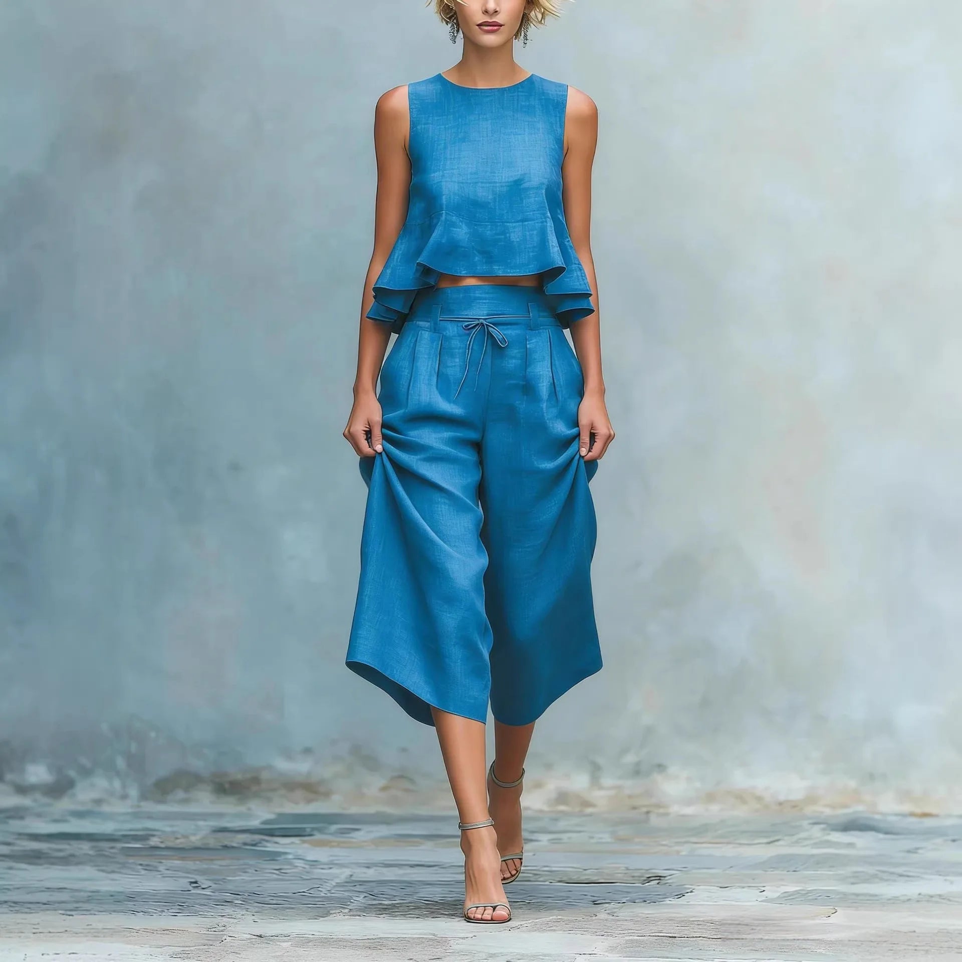 Elegant O-neck Sleeveless Top & Long Pant Cotton Linen Set for Women Summer Outfits