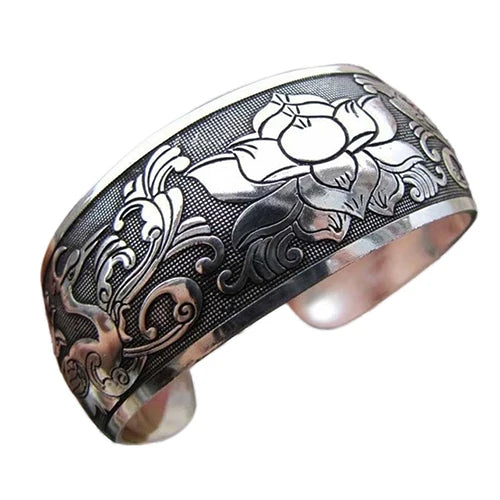 Chinese Style Vintage Tibetan Silver Elephant Open Cuff Bracelet