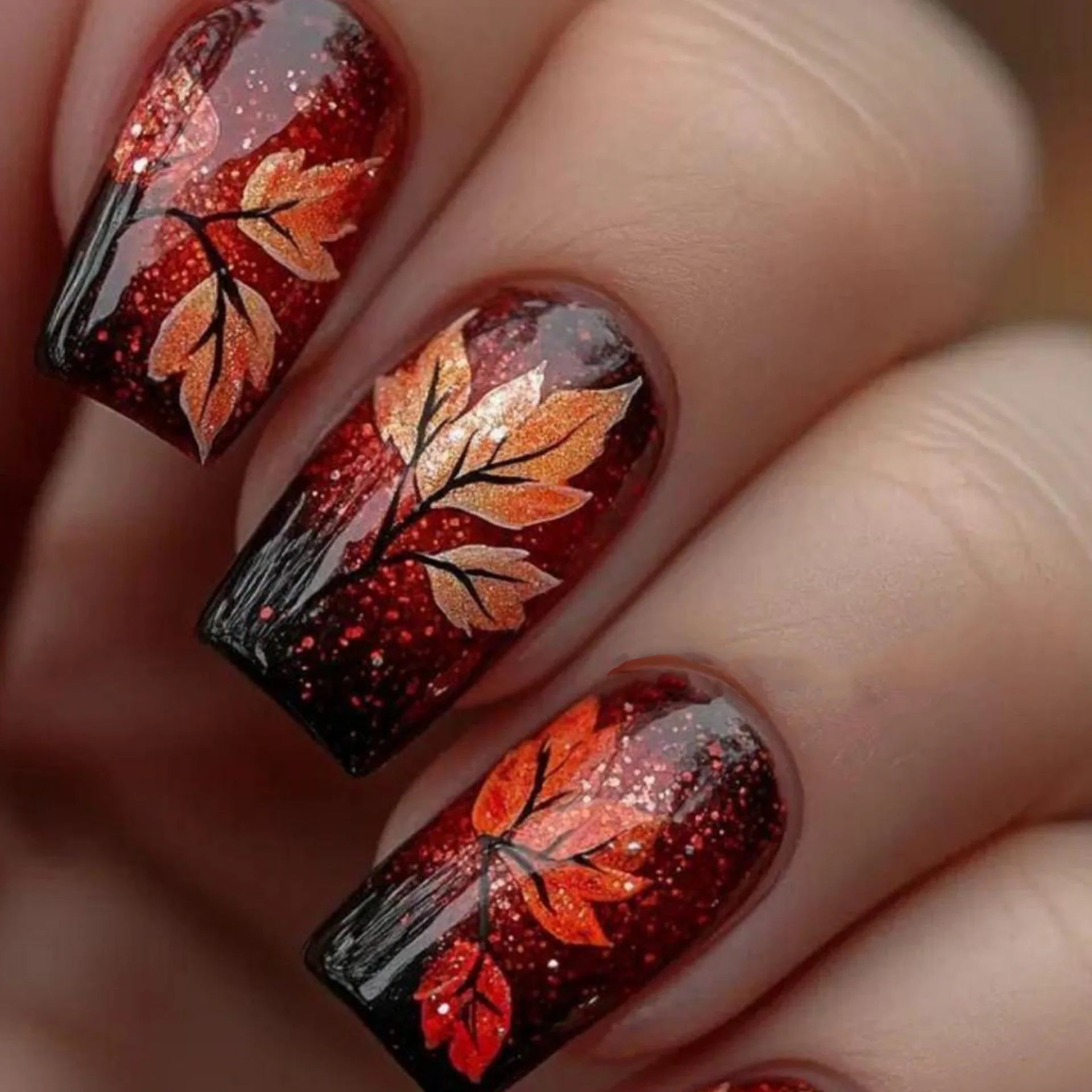 24Pcs Mid-length Square Press-On Nails with Golden Butterfly Design