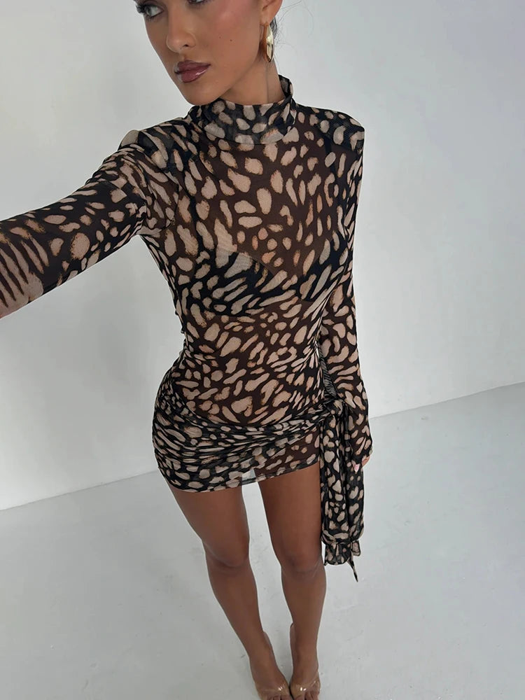 Turtleneck Sexy Sheer Print Leopard Bandage Long Sleeve Mini Dress