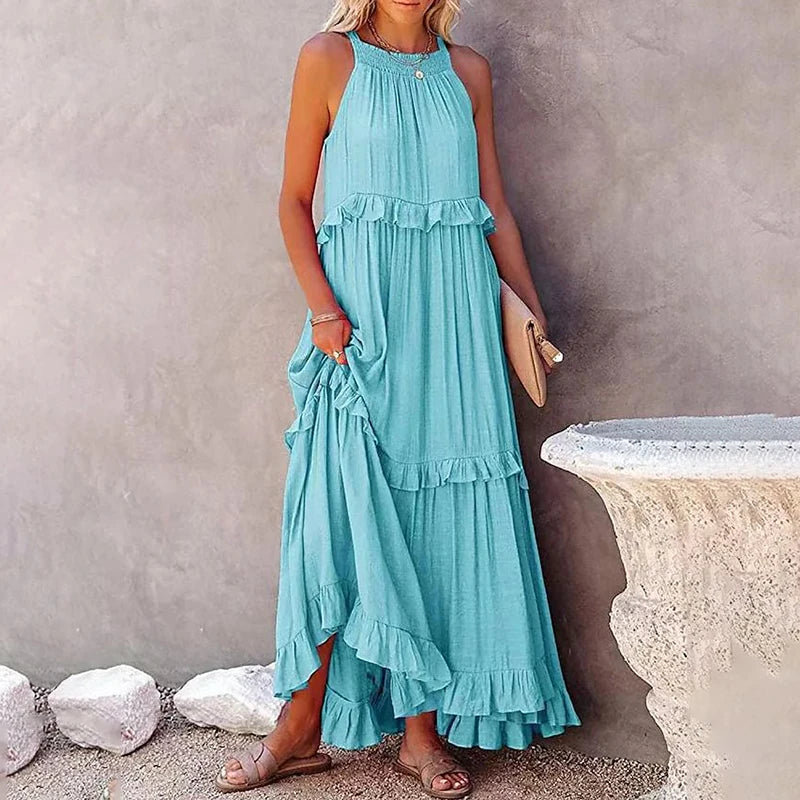 Women’s Elegant Ruffle Maxi Sundress – Sleeveless Summer Beach &amp; Party Dress