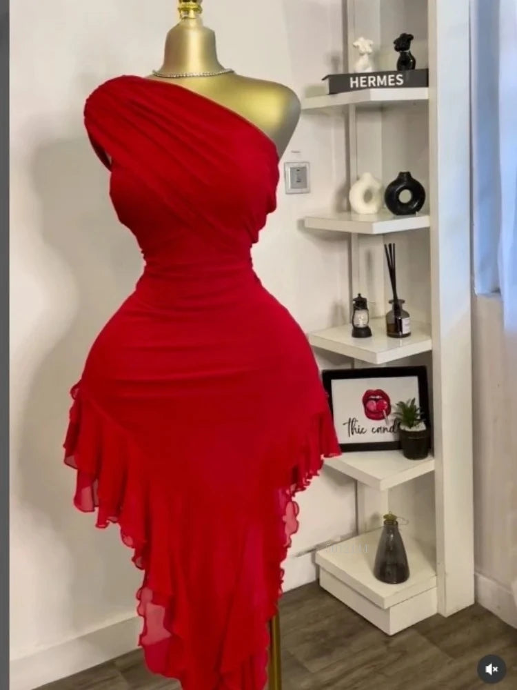 Elegant Women One Shoulder Stacked Ruched  Ruffles Asymmetrical Bodycon Midi Dress