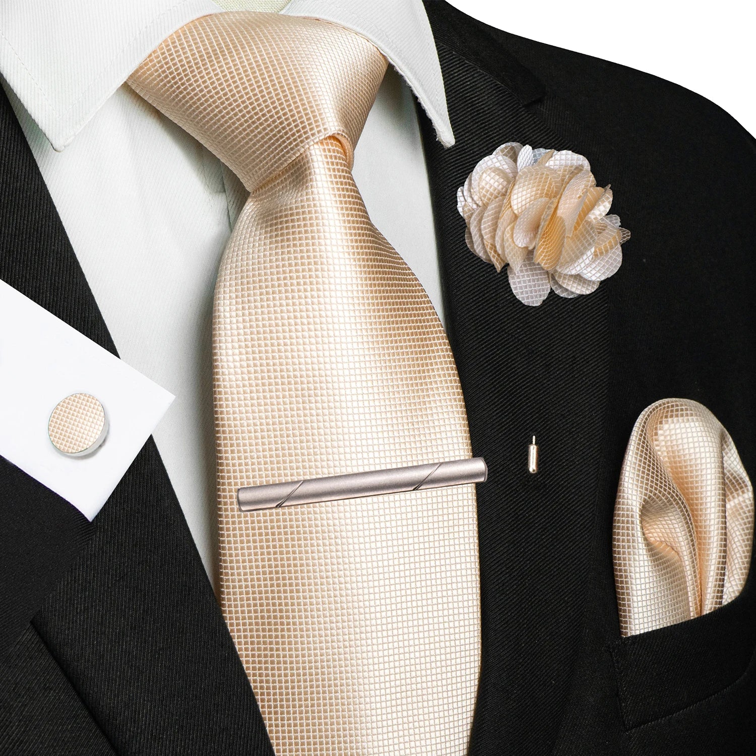 Brown Yellow Plaid Silk Tie Set for Men