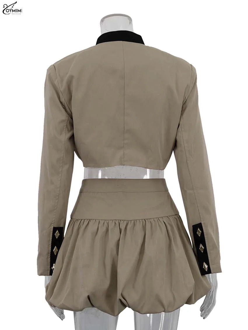 Casual Long Sleeve Button Pockets Crop Shirts + High Waist Mini Skirt Set