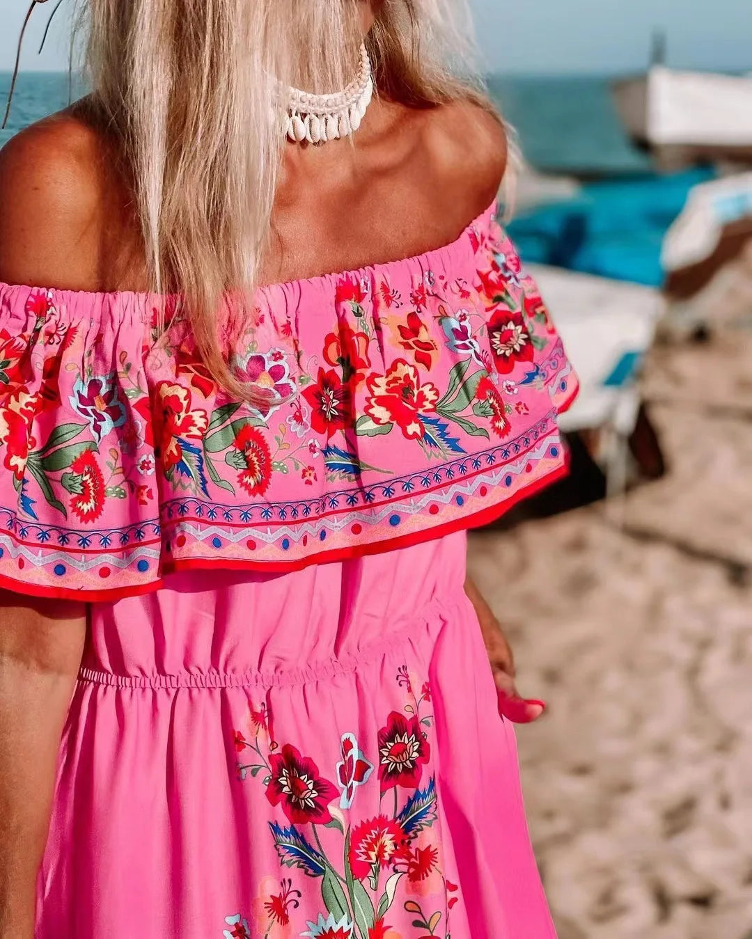Spring Summer Red Floral One-Shoulder Lace-Up Maxi Dress